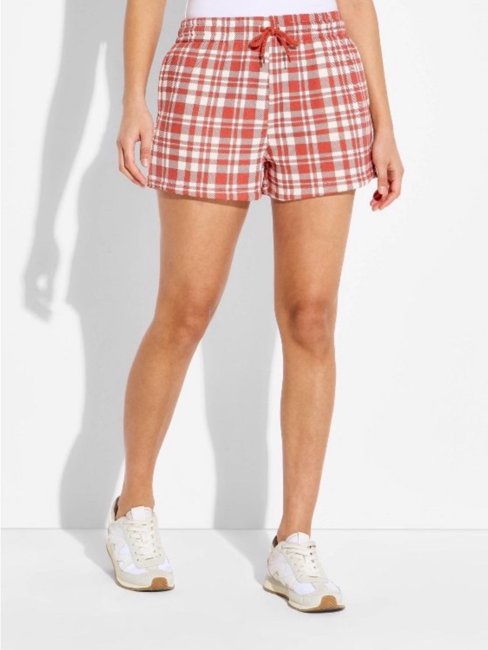 Mighty Fine Soft Red & White Plaid Drawstring Shorts Pockets